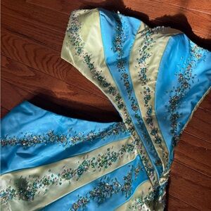 Vintage Blue & Yellow Strapless Asymmetrical Prom Dress w/ Bead Embellishments